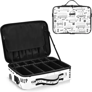Seamless Black Cartoon Cars, Road Hatches, Zebra Crossing on White Women's Portable Makeup Bag with Handle, Cosmetic Bag, Adjustable Dividers, Travel Cosmetic Toiletry Storage Organizer for women