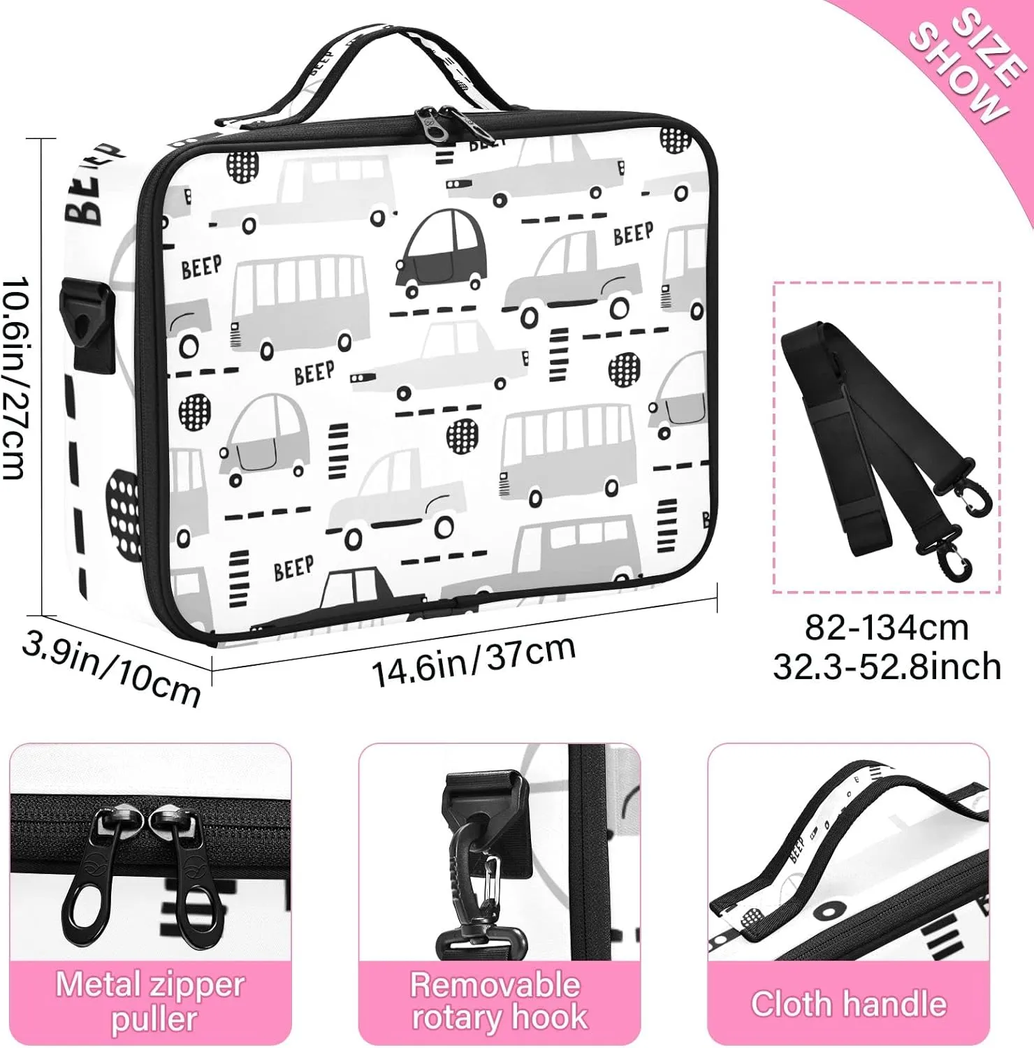Seamless Black Cartoon Cars, Road Hatches, Zebra Crossing on White Women's Portable Makeup Bag with Handle, Cosmetic Bag, Adjustable Dividers, Travel Cosmetic Toiletry Storage Organizer for women