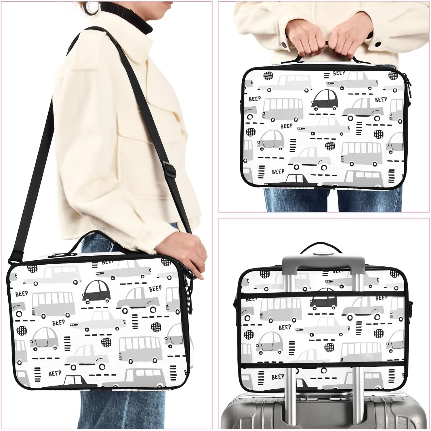 Seamless Black Cartoon Cars, Road Hatches, Zebra Crossing on White Women's Portable Makeup Bag with Handle, Cosmetic Bag, Adjustable Dividers, Travel Cosmetic Toiletry Storage Organizer for women