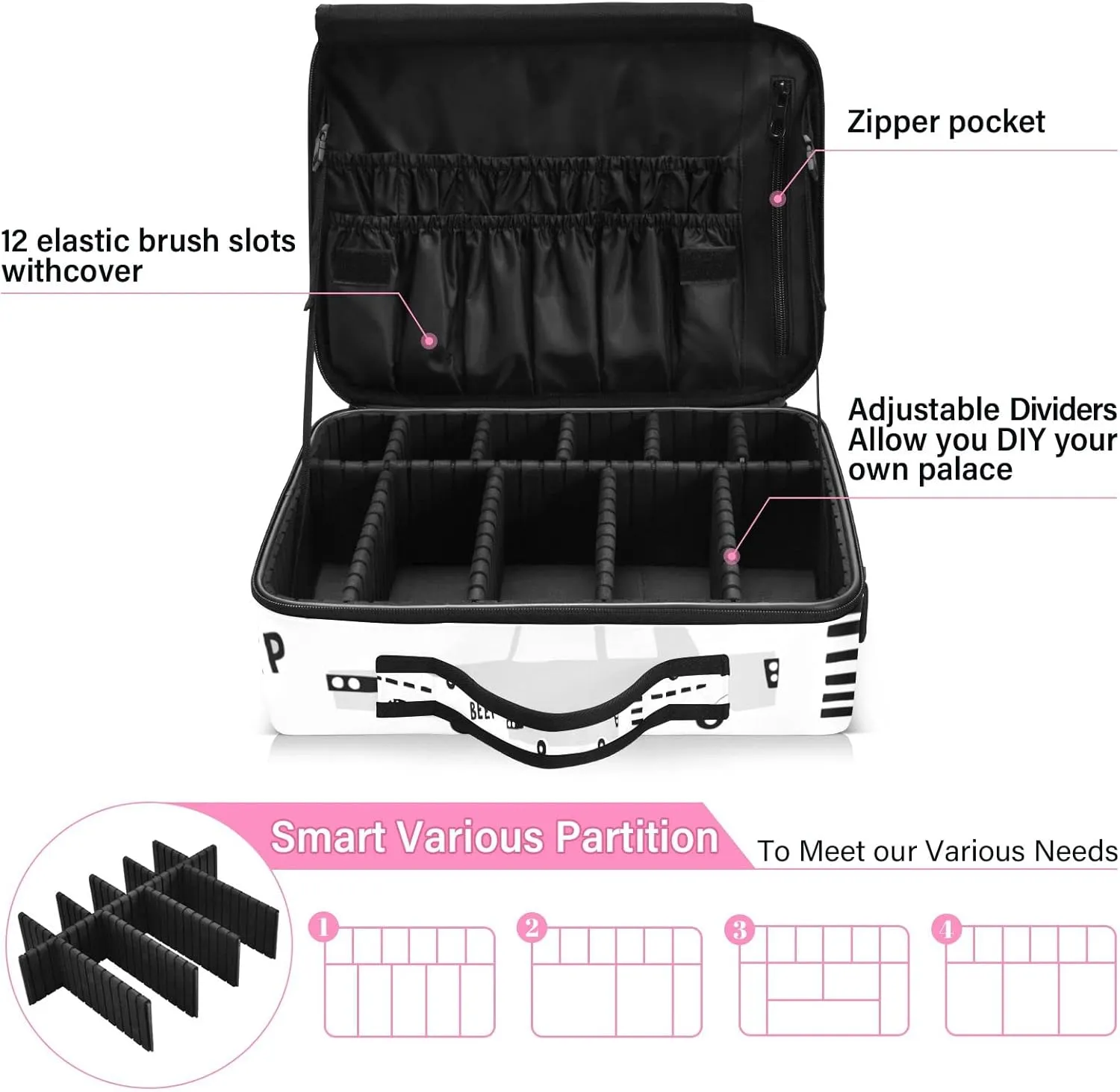 Seamless Black Cartoon Cars, Road Hatches, Zebra Crossing on White Women's Portable Makeup Bag with Handle, Cosmetic Bag, Adjustable Dividers, Travel Cosmetic Toiletry Storage Organizer for women