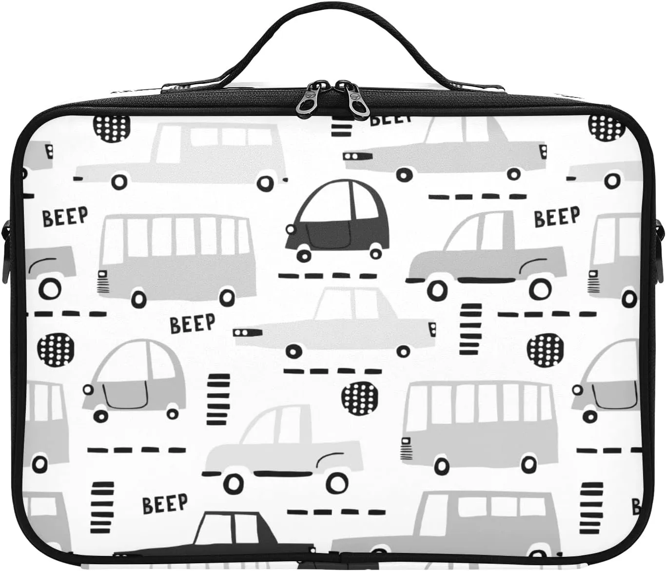 Seamless Black Cartoon Cars, Road Hatches, Zebra Crossing on White Women's Portable Makeup Bag with Handle, Cosmetic Bag, Adjustable Dividers, Travel Cosmetic Toiletry Storage Organizer for women
