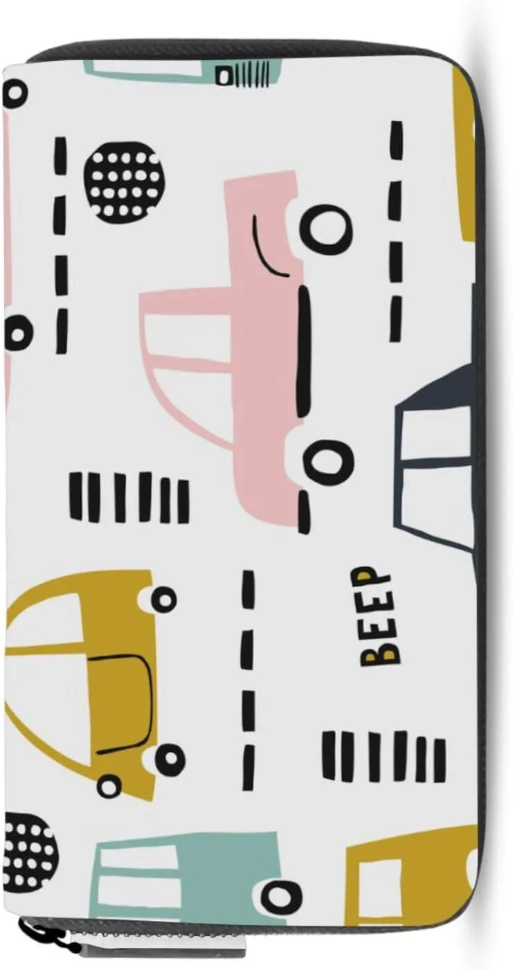Seamless Cartoon Cars, Road Hatches, Zebra Crossing on White Leather Long Wallet Organizer with Zipper Purse Clutch Bag for Women Men Key Card Coin Passport Checkbook 8 x 4 inch