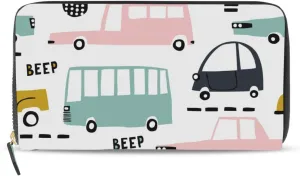 Seamless Cartoon Cars, Road Hatches, Zebra Crossing on White Leather Long Wallet Organizer with Zipper Purse Clutch Bag for Women Men Key Card Coin Passport Checkbook 8 x 4 inch