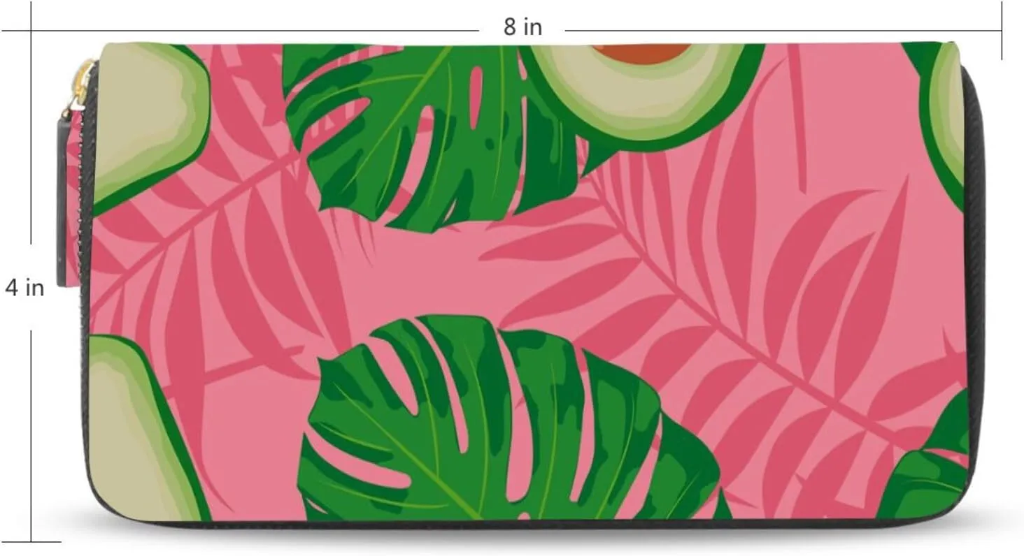 Seamless Exotic Avocado Slices Leaves On Pink Leather Long Wallet Organizer with Zipper Purse Clutch Bag for Women Men Key Card Coin Passport Checkbook 8 x 4 inch