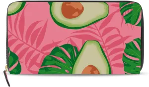 Seamless Exotic Avocado Slices Leaves On Pink Leather Long Wallet Organizer with Zipper Purse Clutch Bag for Women Men Key Card Coin Passport Checkbook 8 x 4 inch
