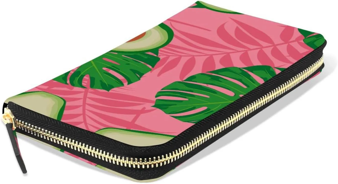Seamless Exotic Avocado Slices Leaves On Pink Leather Long Wallet Organizer with Zipper Purse Clutch Bag for Women Men Key Card Coin Passport Checkbook 8 x 4 inch