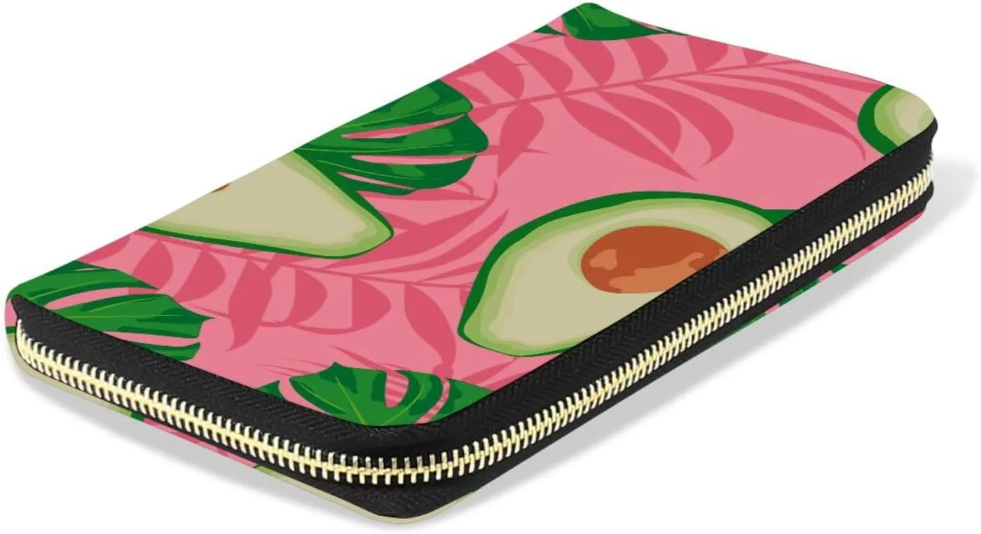Seamless Exotic Avocado Slices Leaves On Pink Leather Long Wallet Organizer with Zipper Purse Clutch Bag for Women Men Key Card Coin Passport Checkbook 8 x 4 inch