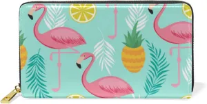 Seamless Pink Flamingos, Pineapples and Exotic Leaves on Turquoise Leather Long Wallet Organizer with Zipper Purse Clutch Bag for Women Men