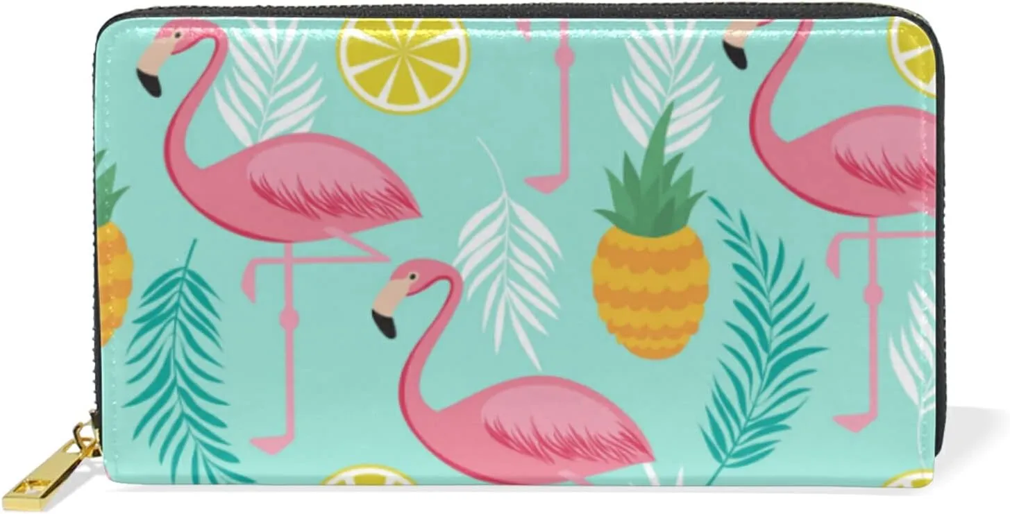 Seamless Pink Flamingos, Pineapples and Exotic Leaves on Turquoise Leather Long Wallet Organizer with Zipper Purse Clutch Bag for Women Men