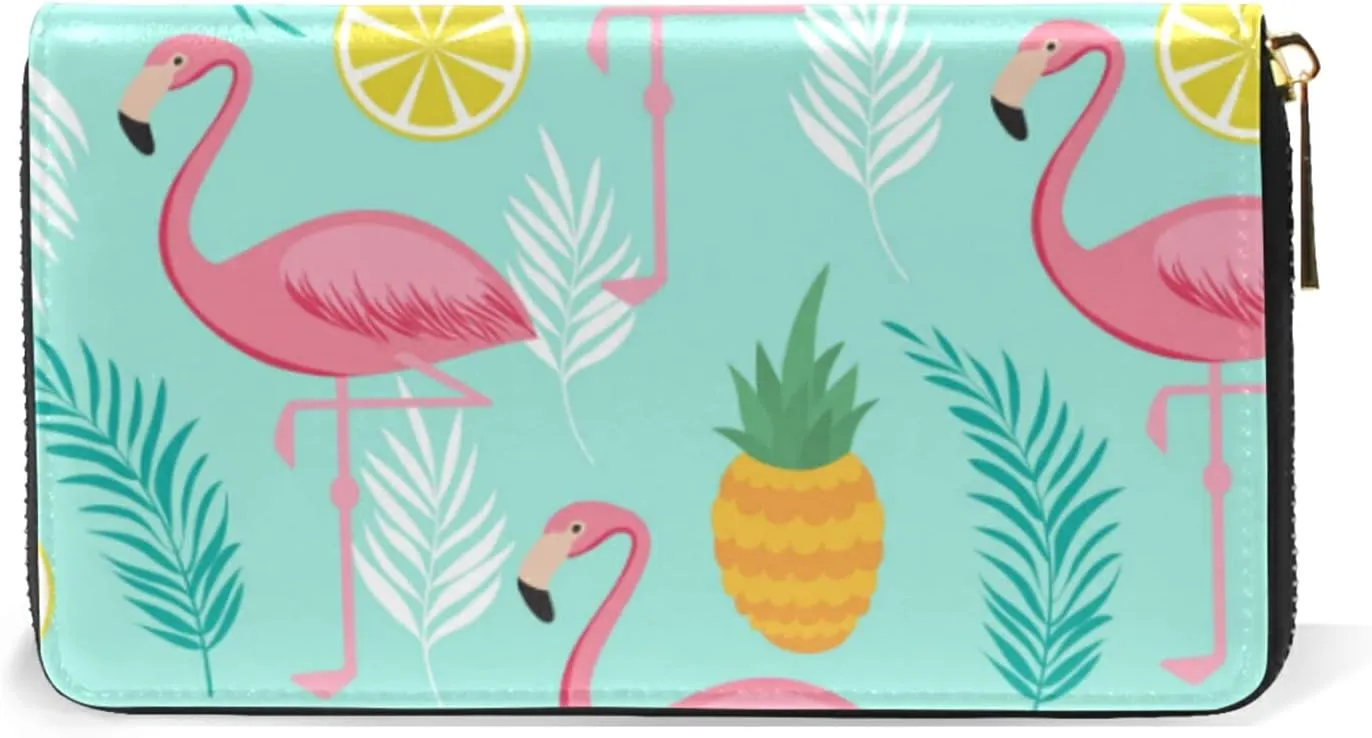 Seamless Pink Flamingos, Pineapples and Exotic Leaves on Turquoise Leather Long Wallet Organizer with Zipper Purse Clutch Bag for Women Men