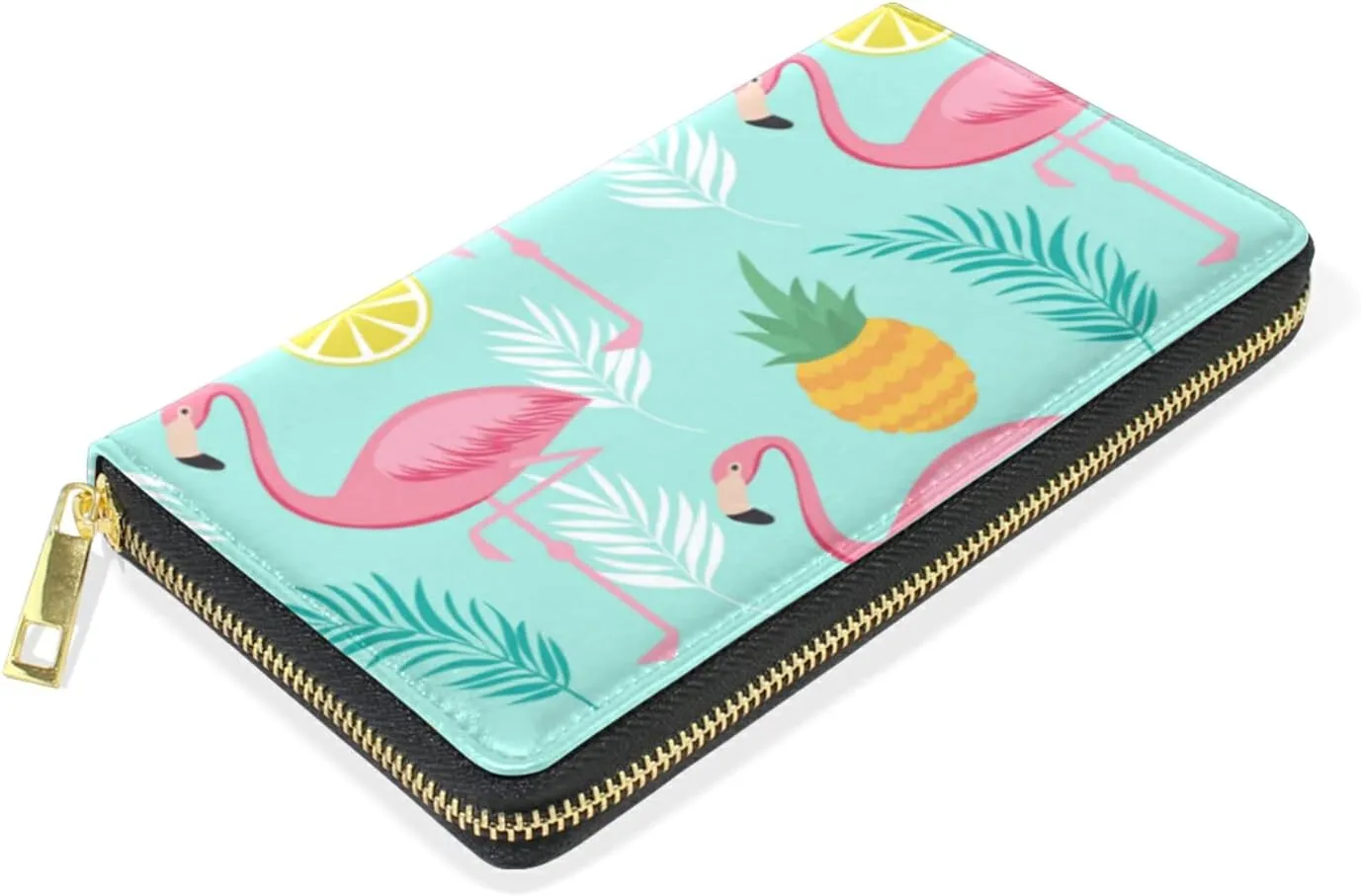 Seamless Pink Flamingos, Pineapples and Exotic Leaves on Turquoise Leather Long Wallet Organizer with Zipper Purse Clutch Bag for Women Men