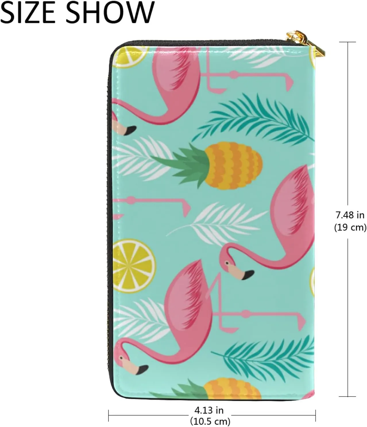 Seamless Pink Flamingos, Pineapples and Exotic Leaves on Turquoise Leather Long Wallet Organizer with Zipper Purse Clutch Bag for Women Men