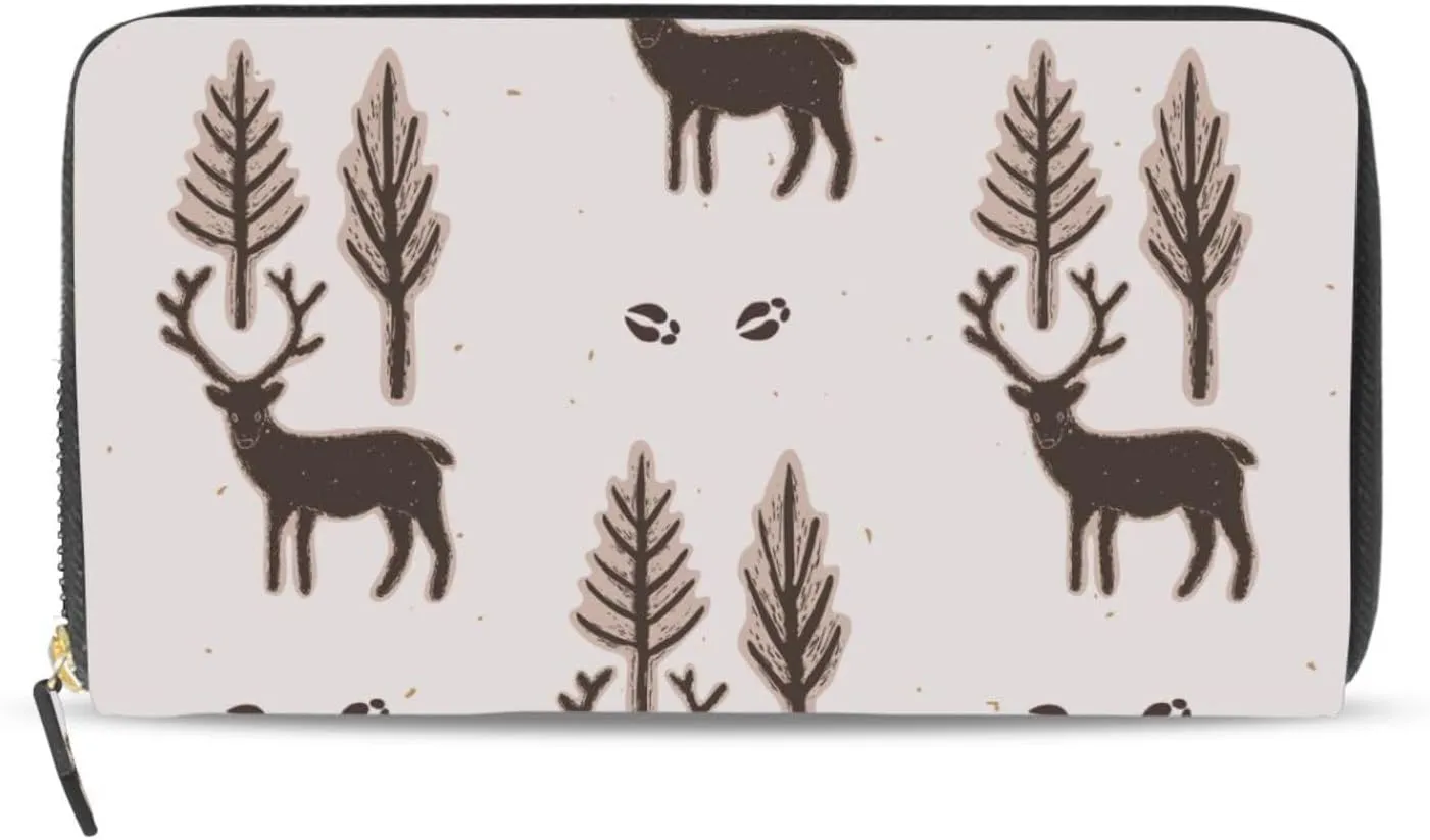 Seamless Winter Rustic Trees and Reindeers Deer Brown Pattern Leather Long Wallet Organizer with Zipper Purse Clutch Bag for Women Men Key Card Coin Passport Checkbook 8 x 4 inch