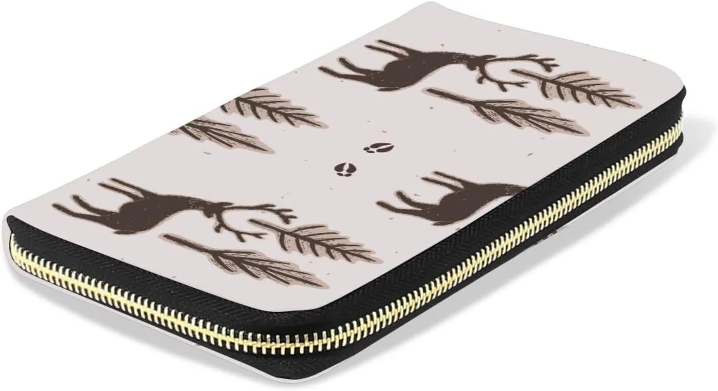 Seamless Winter Rustic Trees and Reindeers Deer Brown Pattern Leather Long Wallet Organizer with Zipper Purse Clutch Bag for Women Men Key Card Coin Passport Checkbook 8 x 4 inch