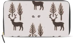 Seamless Winter Rustic Trees and Reindeers Deer Brown Pattern Leather Long Wallet Organizer with Zipper Purse Clutch Bag for Women Men Key Card Coin Passport Checkbook 8 x 4 inch