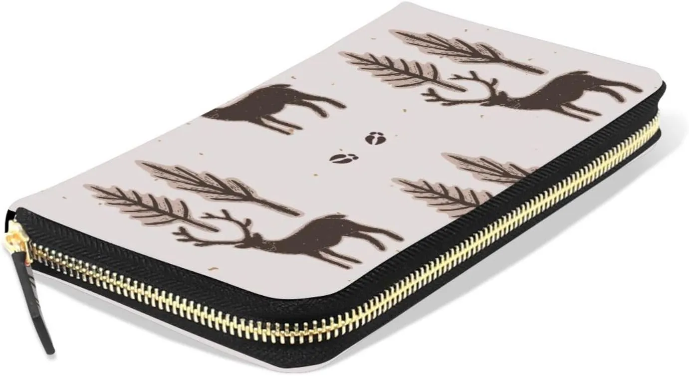 Seamless Winter Rustic Trees and Reindeers Deer Brown Pattern Leather Long Wallet Organizer with Zipper Purse Clutch Bag for Women Men Key Card Coin Passport Checkbook 8 x 4 inch