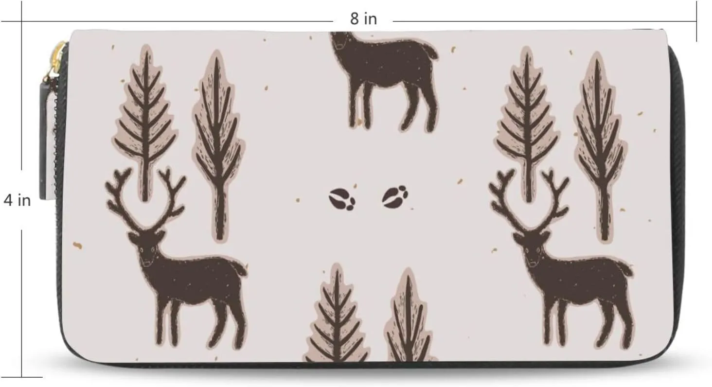 Seamless Winter Rustic Trees and Reindeers Deer Brown Pattern Leather Long Wallet Organizer with Zipper Purse Clutch Bag for Women Men Key Card Coin Passport Checkbook 8 x 4 inch