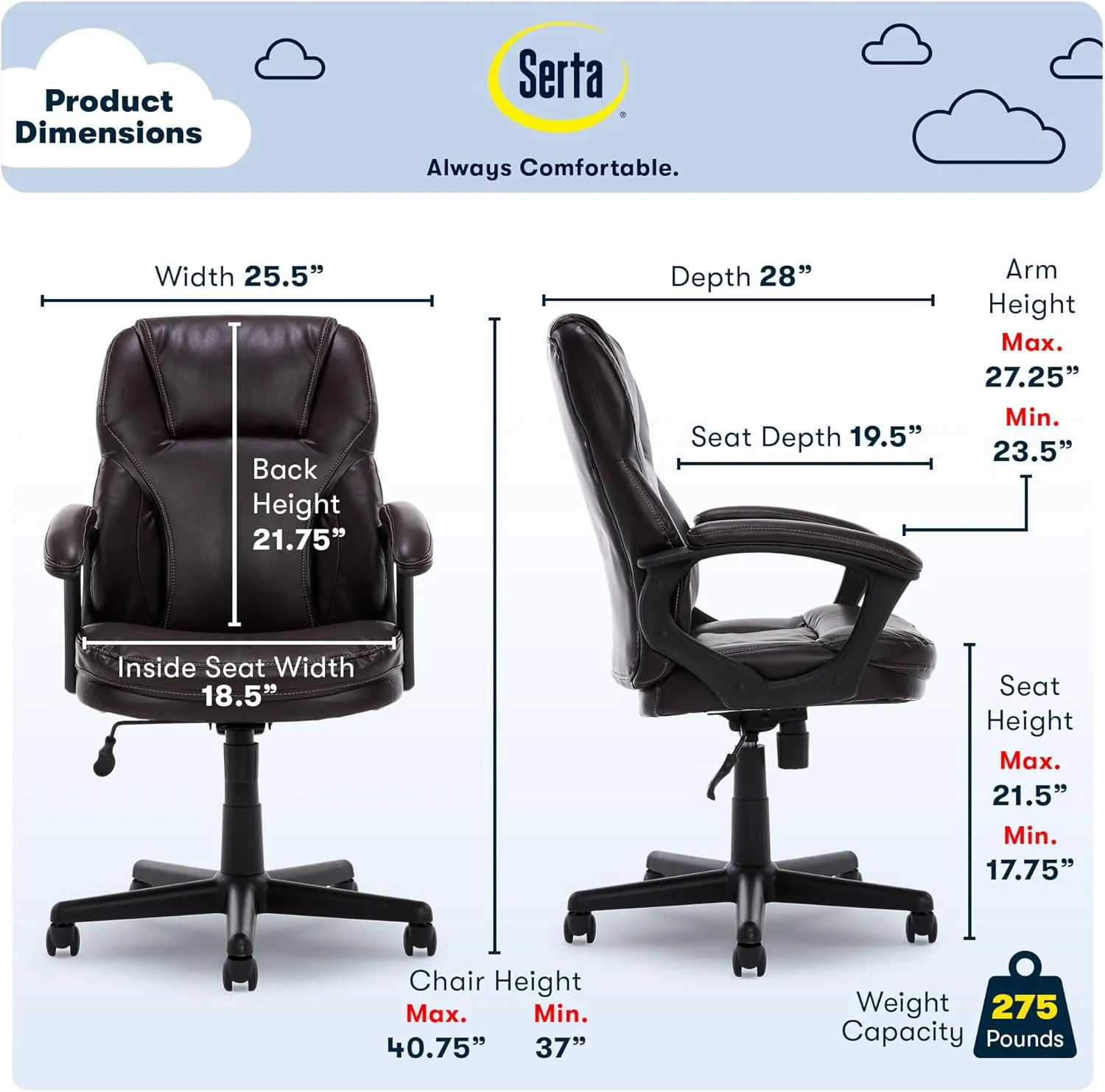 Serta Manager Office, Ergonomic Computer Chair with Layered Body Pillows Contoured Lumbar Zone, Faux Leather, Roasted Chestnut Brown
