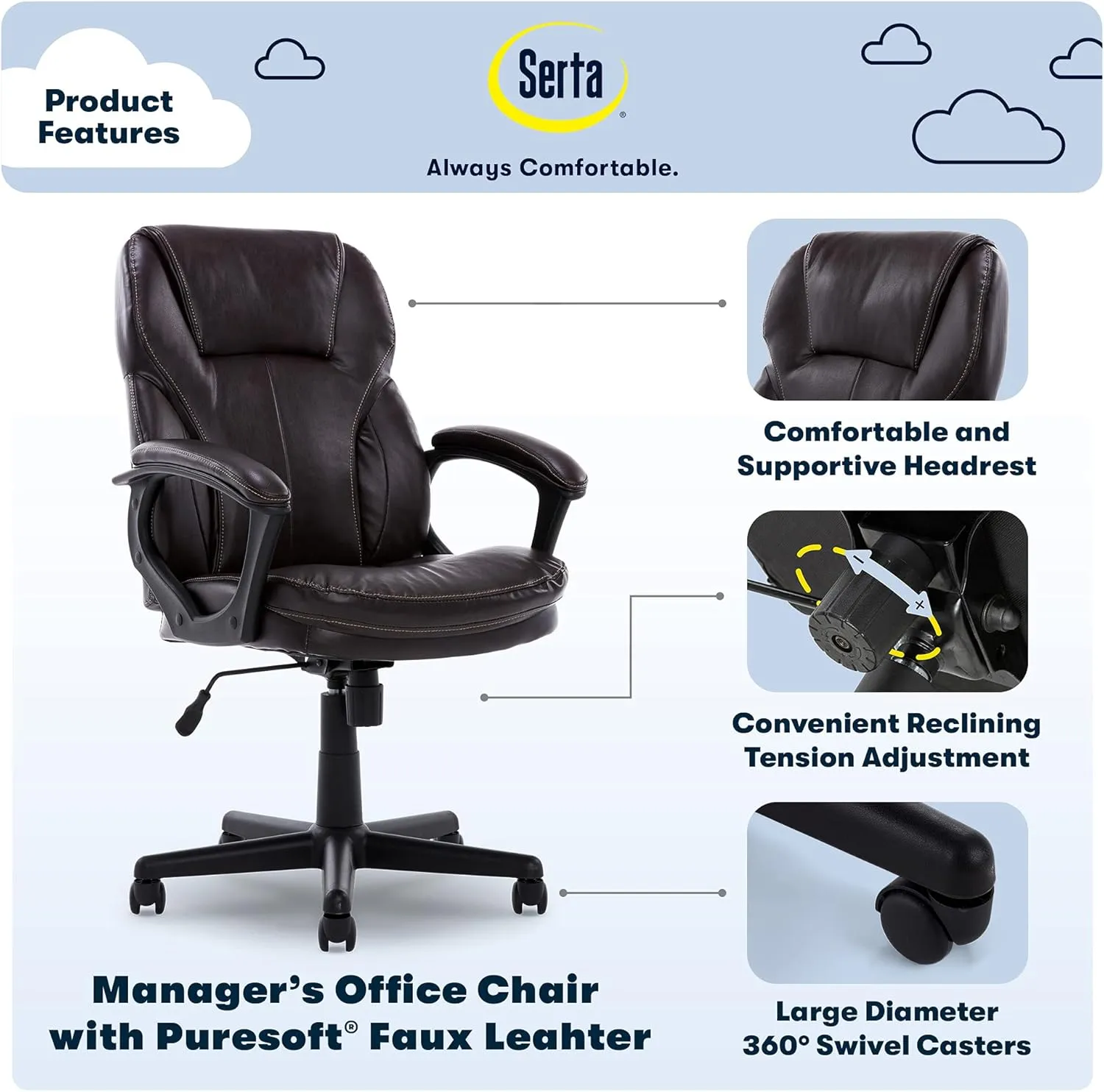 Serta Manager Office, Ergonomic Computer Chair with Layered Body Pillows Contoured Lumbar Zone, Faux Leather, Roasted Chestnut Brown