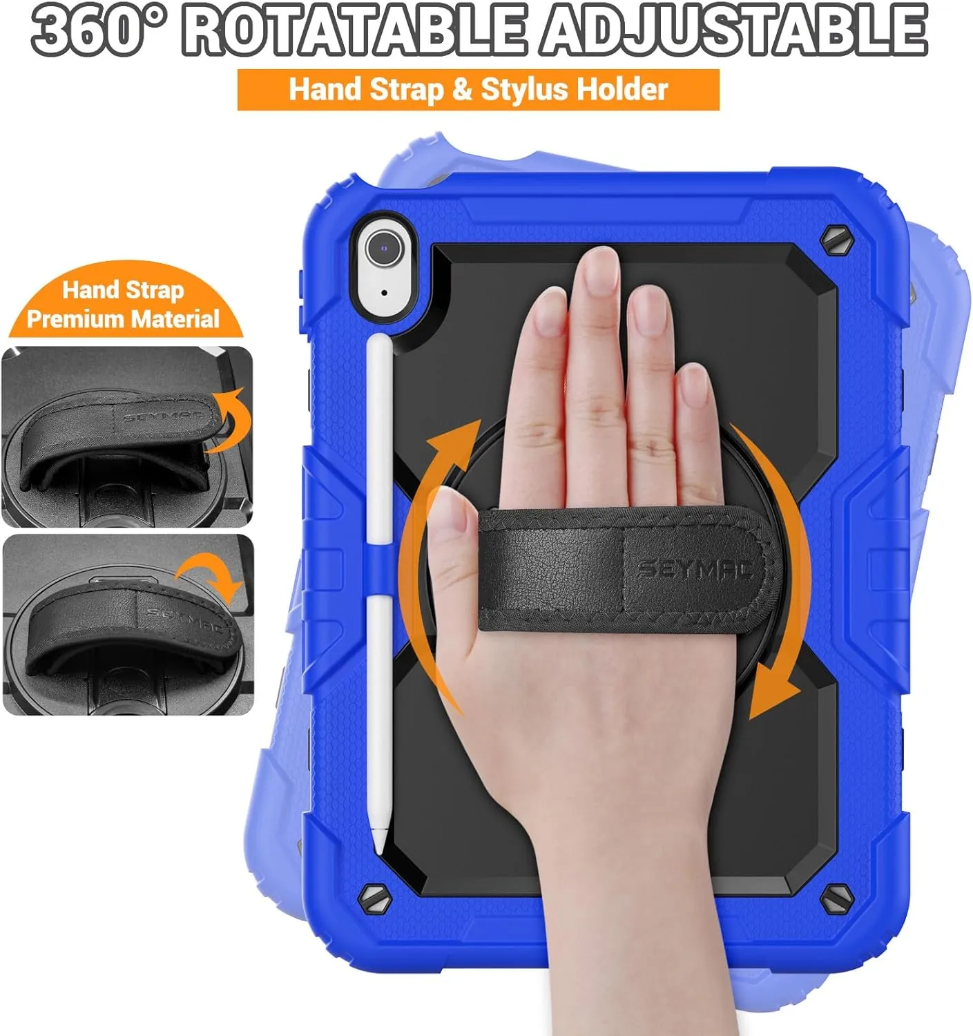 SEYMAC for iPad (A16) 11th/10th Generation Case 2025/2022 (11″/10.9″), Sturdy Heavy Duty Full-Body Shockproof Protective Case with Screen Protector, Rotating Stand, Hand/Shoulder Strap, Black/Blue