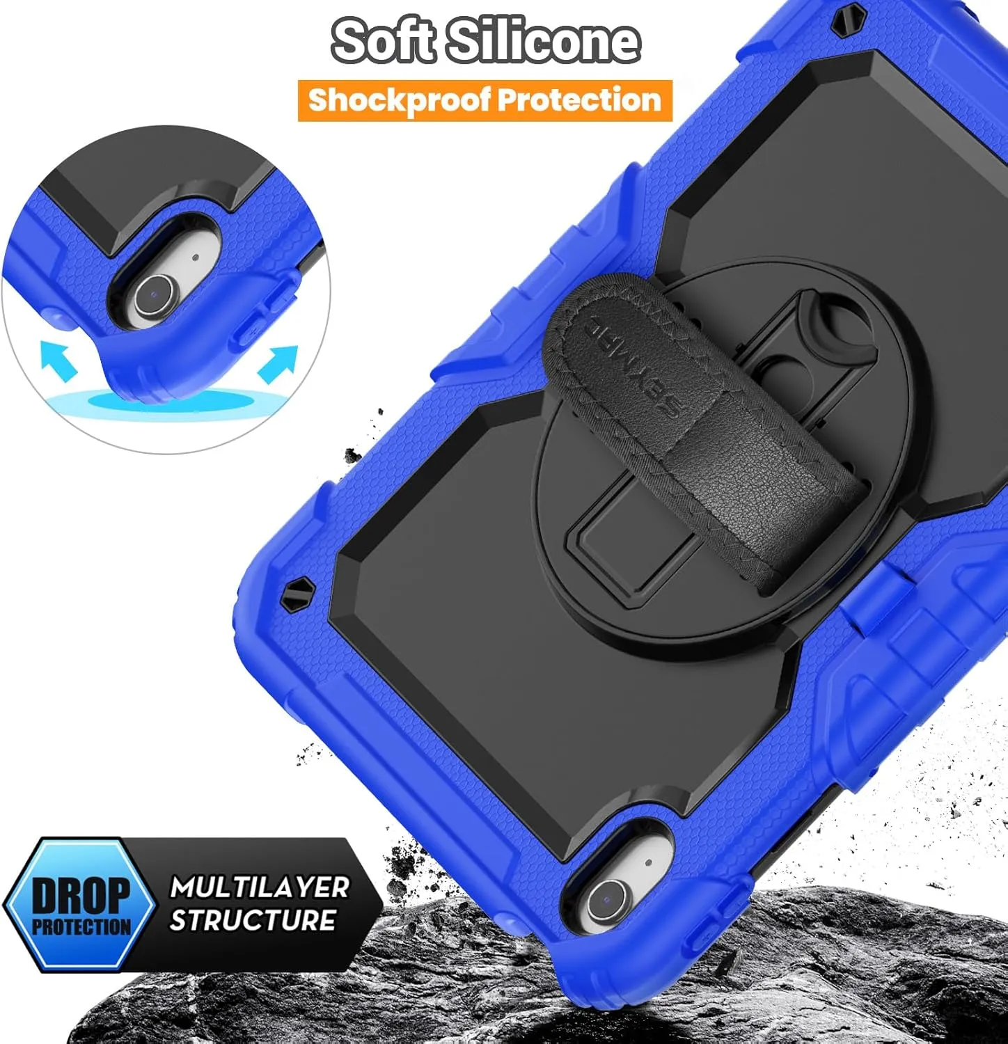 SEYMAC for iPad (A16) 11th/10th Generation Case 2025/2022 (11″/10.9″), Sturdy Heavy Duty Full-Body Shockproof Protective Case with Screen Protector, Rotating Stand, Hand/Shoulder Strap, Black/Blue