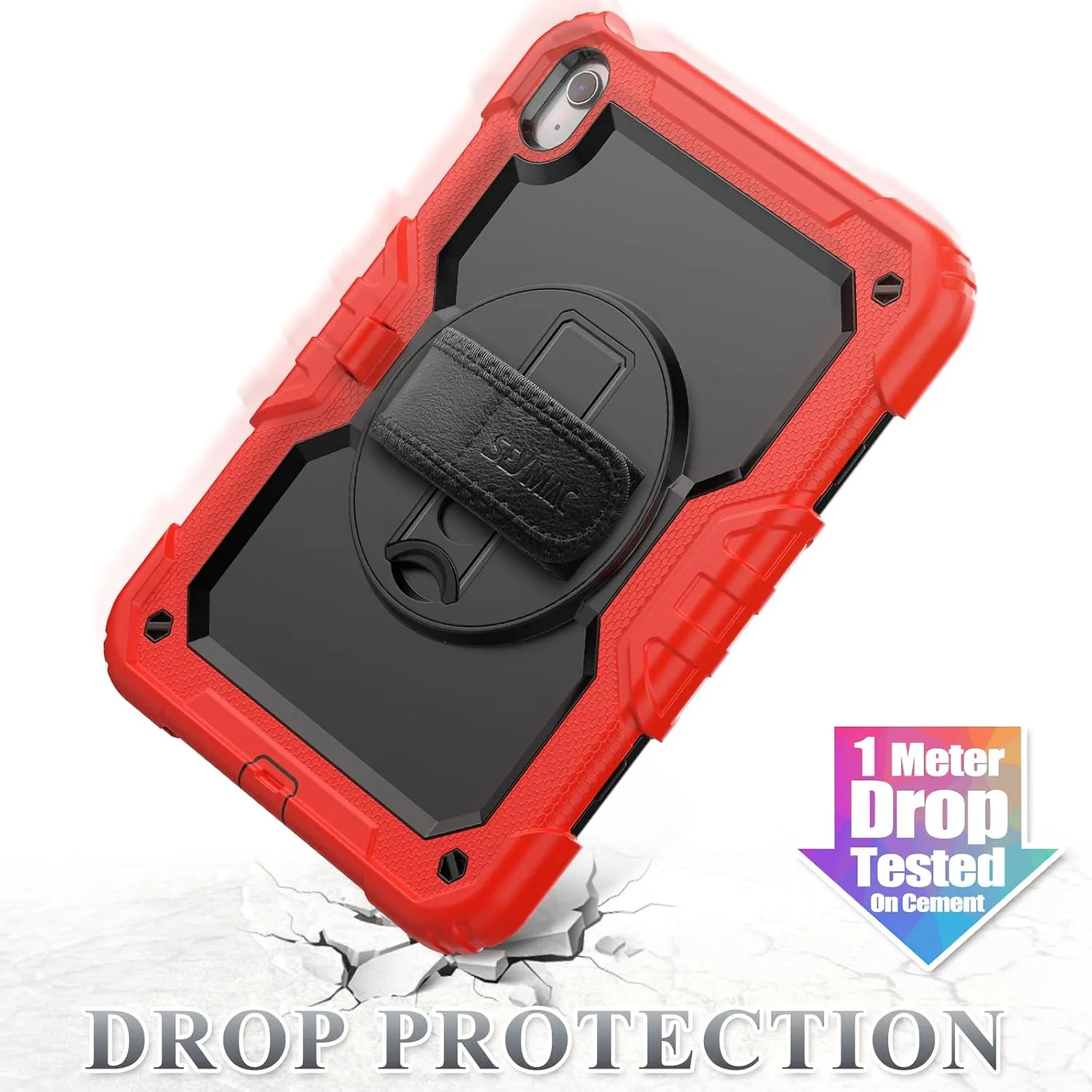 SEYMAC stock Case for iPad (A16) 11th/10th Generation 11''/10.9'' 2025/2022, Full-Body Drop Protection Case with Screen Protector &360° Rotate Hand Strap/Stand, Black Red