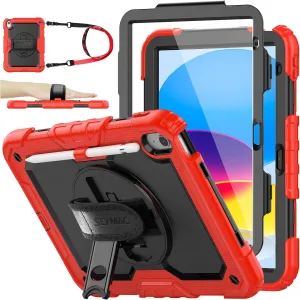 SEYMAC stock Case for iPad (A16) 11th/10th Generation 11''/10.9'' 2025/2022, Full-Body Drop Protection Case with Screen Protector &360° Rotate Hand Strap/Stand, Black Red