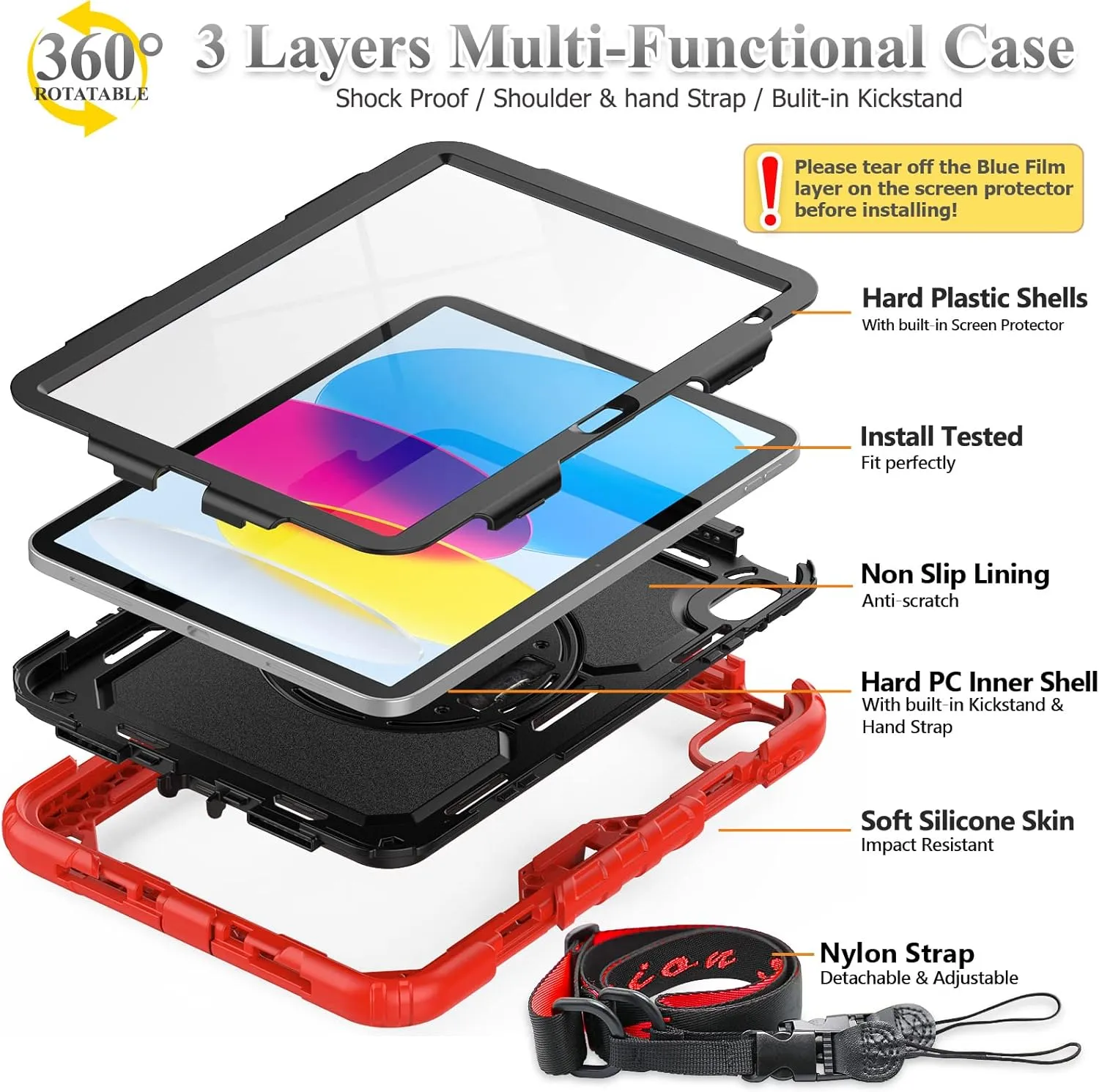 SEYMAC stock Case for iPad (A16) 11th/10th Generation 11''/10.9'' 2025/2022, Full-Body Drop Protection Case with Screen Protector &360° Rotate Hand Strap/Stand, Black Red