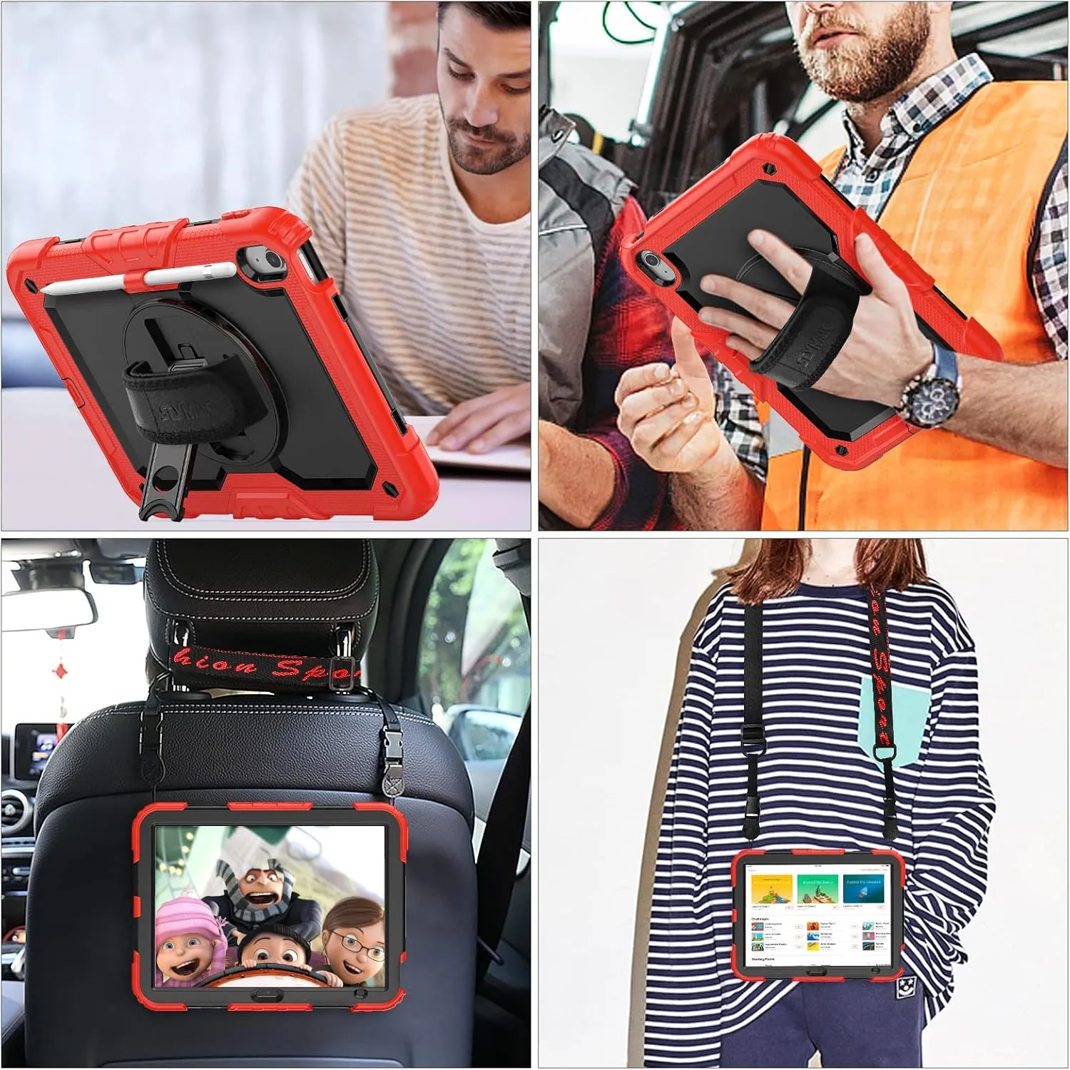 SEYMAC stock Case for iPad (A16) 11th/10th Generation 11''/10.9'' 2025/2022, Full-Body Drop Protection Case with Screen Protector &360° Rotate Hand Strap/Stand, Black Red