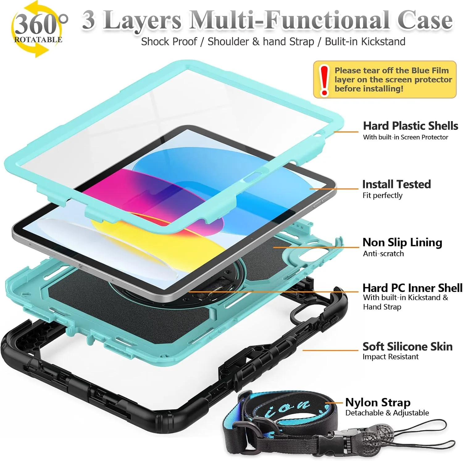 SEYMAC stock Case for iPad (A16) 11th/10th Generation 11''/10.9'' 2025/2022, Full-Body Drop Protection Case with Screen Protector &360° Rotate Hand Strap/Stand, Brightblue Black