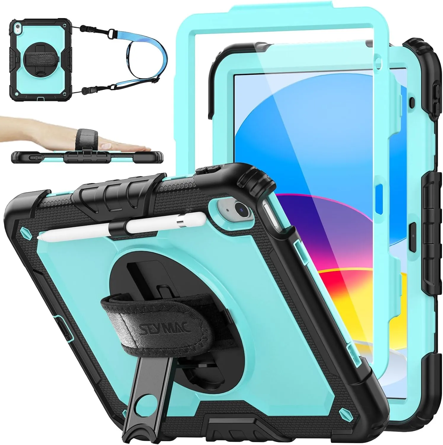 SEYMAC stock Case for iPad (A16) 11th/10th Generation 11''/10.9'' 2025/2022, Full-Body Drop Protection Case with Screen Protector &360° Rotate Hand Strap/Stand, Brightblue Black