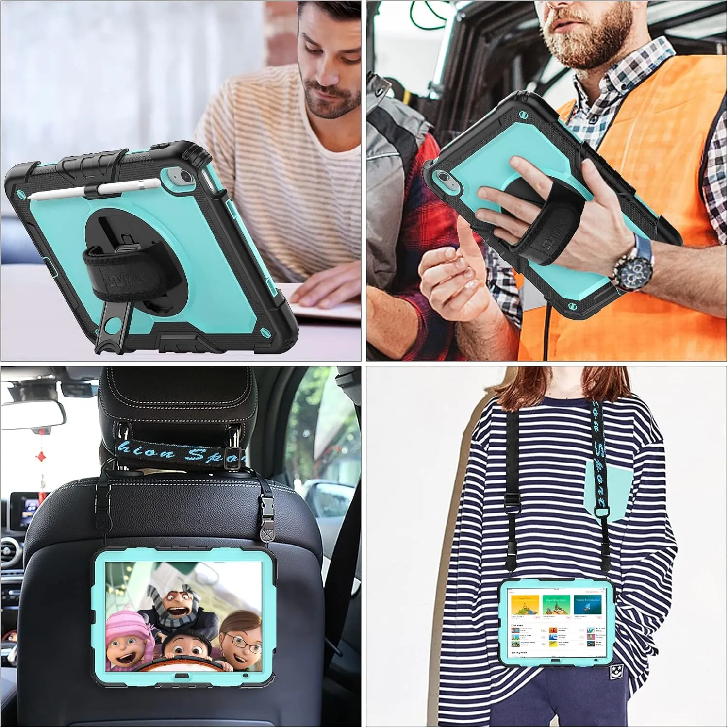 SEYMAC stock Case for iPad (A16) 11th/10th Generation 11''/10.9'' 2025/2022, Full-Body Drop Protection Case with Screen Protector &360° Rotate Hand Strap/Stand, Brightblue Black