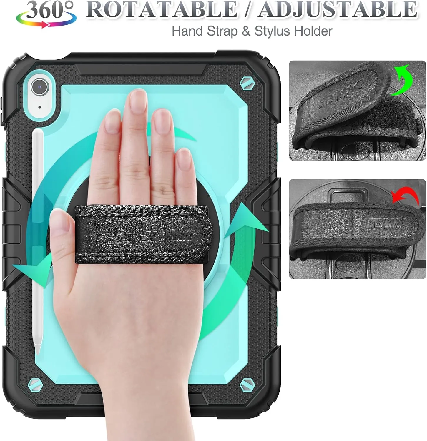 SEYMAC stock Case for iPad (A16) 11th/10th Generation 11''/10.9'' 2025/2022, Full-Body Drop Protection Case with Screen Protector &360° Rotate Hand Strap/Stand, Brightblue Black