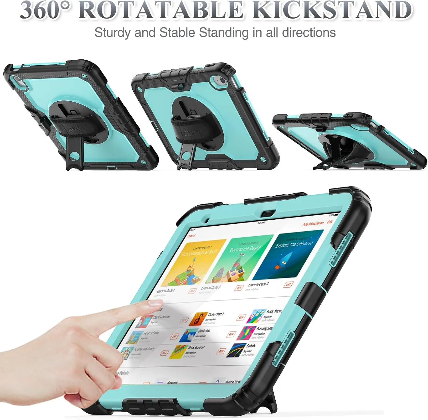 SEYMAC stock Case for iPad (A16) 11th/10th Generation 11''/10.9'' 2025/2022, Full-Body Drop Protection Case with Screen Protector &360° Rotate Hand Strap/Stand, Brightblue Black