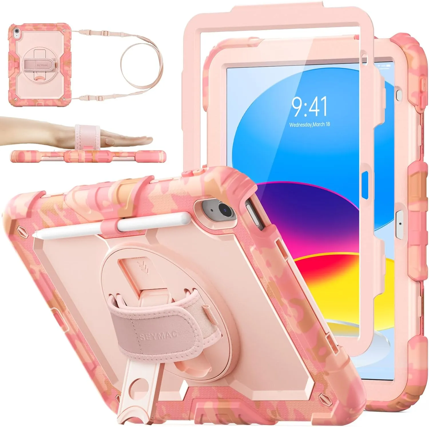 SEYMAC stock Case for iPad (A16) 11th/10th Generation 11''/10.9'' 2025/2022, Full-Body Drop Protection Case with Screen Protector &360° Rotate Hand Strap/Stand, Camo Pink