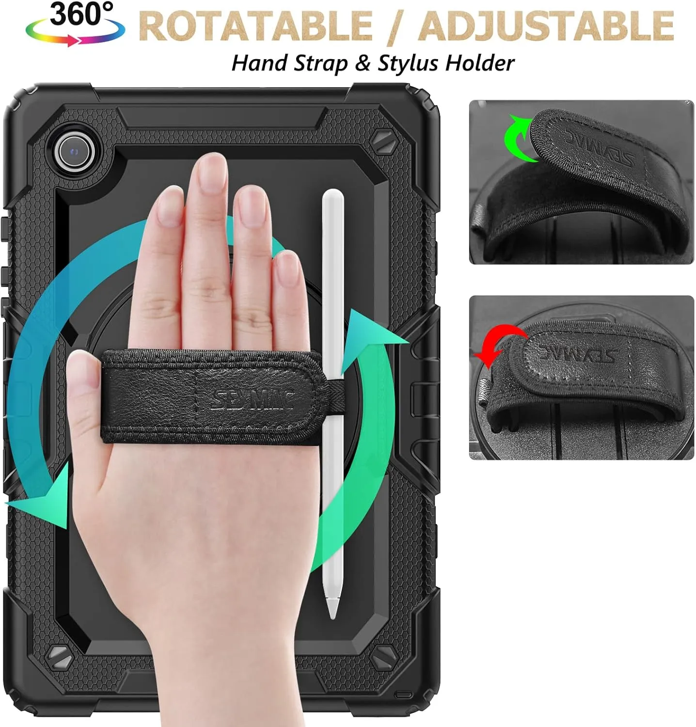 SEYMAC stock Case for Samsung Galaxy Tab A9  Plus 11'', Full-Body Drop Protection Case with Screen Protector Pencil Holder [360° Rotating Hand Strap] &Stand, Black