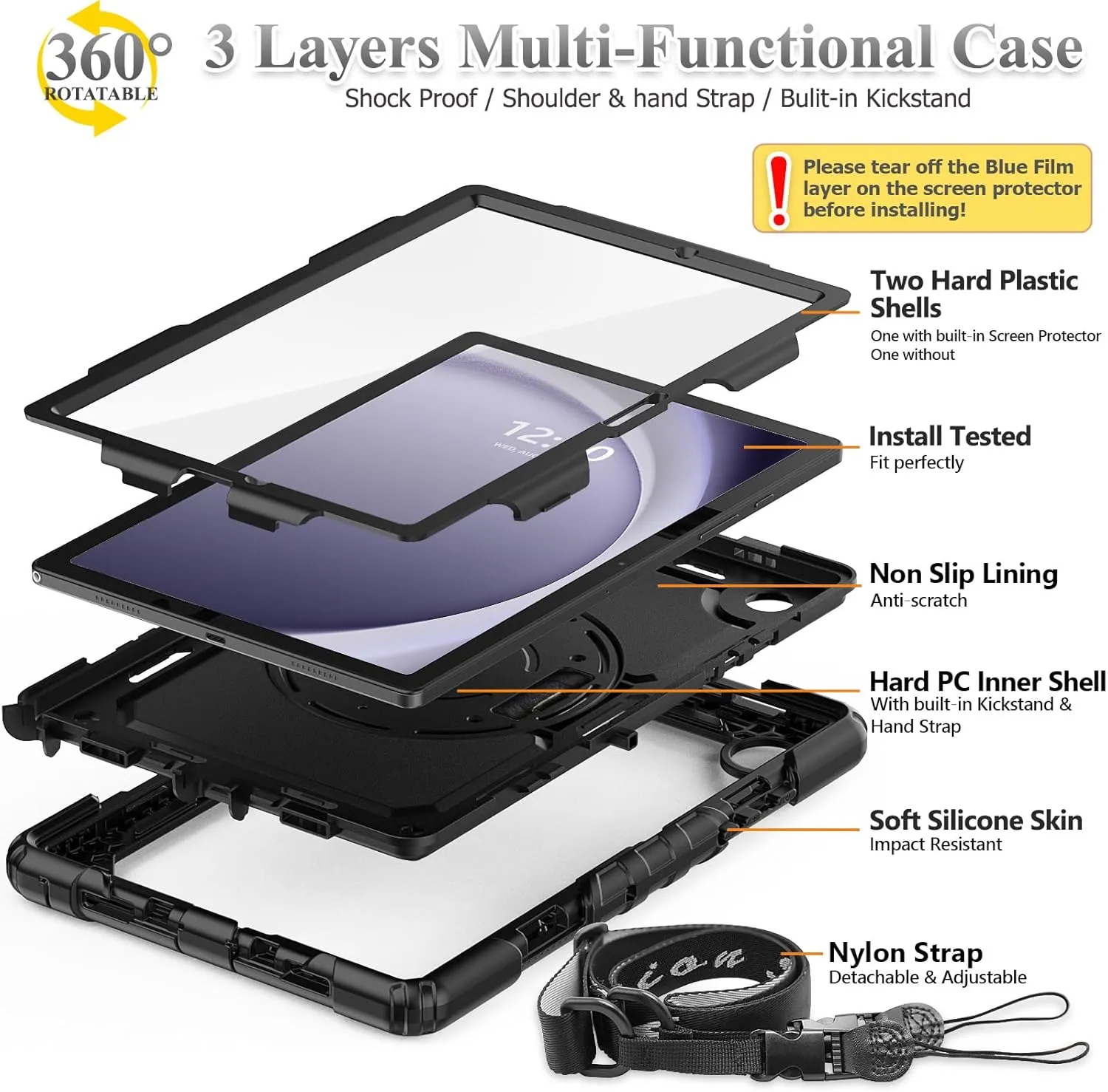 SEYMAC stock Case for Samsung Galaxy Tab A9  Plus 11'', Full-Body Drop Protection Case with Screen Protector Pencil Holder [360° Rotating Hand Strap] &Stand, Black
