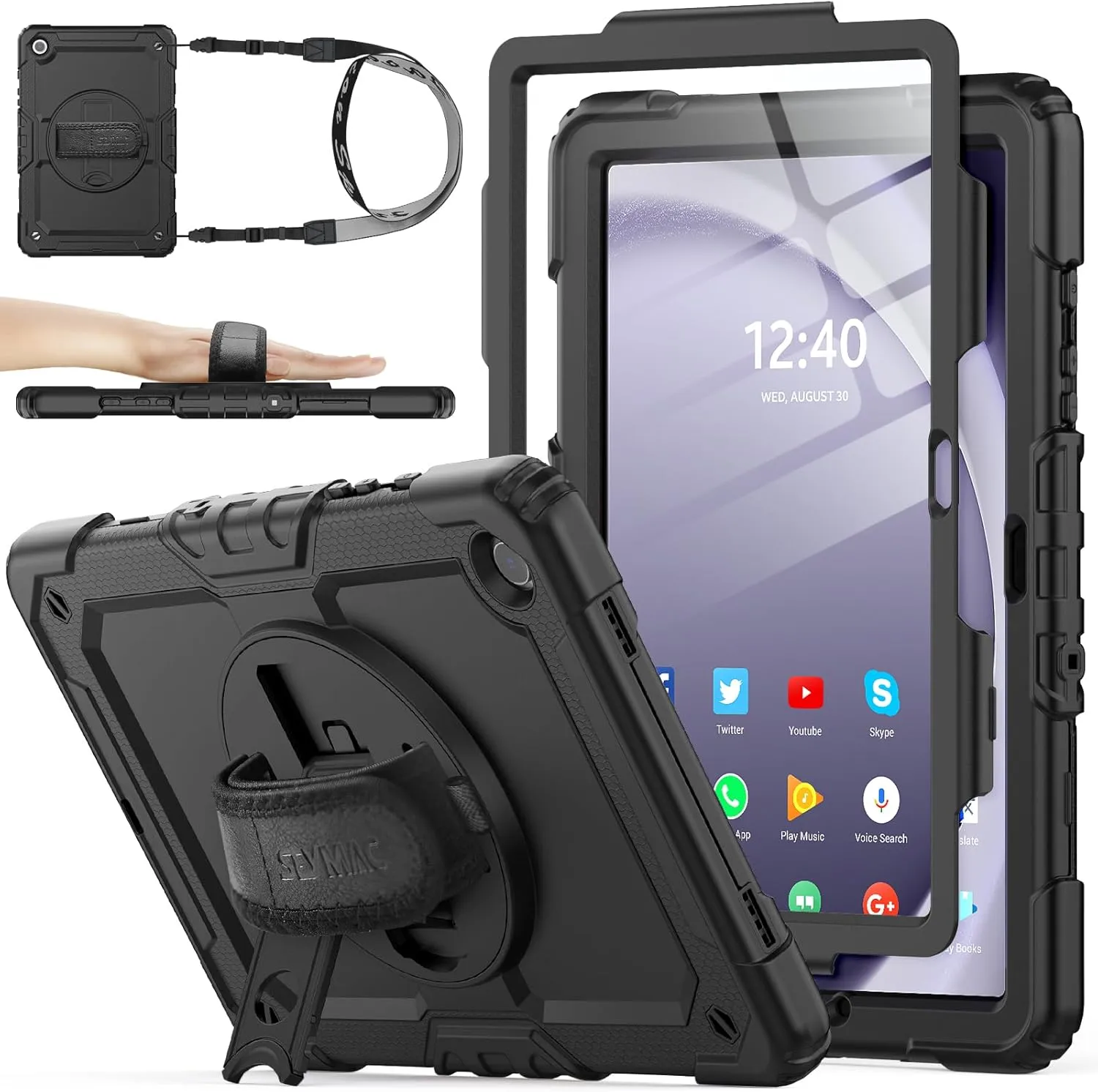 SEYMAC stock Case for Samsung Galaxy Tab A9  Plus 11'', Full-Body Drop Protection Case with Screen Protector Pencil Holder [360° Rotating Hand Strap] &Stand, Black