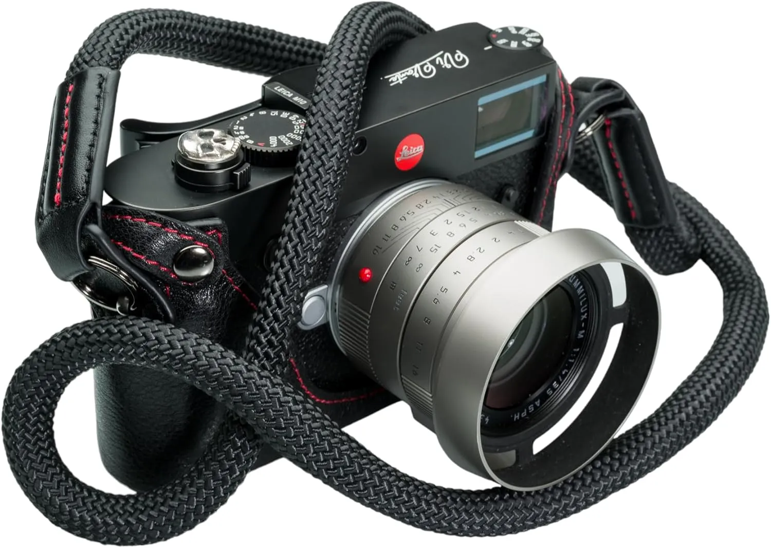 Sheetline Black Rope Camera Strap w/Nappa Leather Ends built in tension relief & electroplated key rings (Black w//Red Stitching)