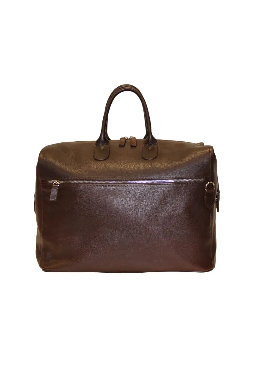 Shield Leather Duffle Bag | Handmade to Order in Italy, Soft Pebble-Grain Leather | Luxury Travel Duffel Bag Briefcase Full Grain Leather (Dark Brown)