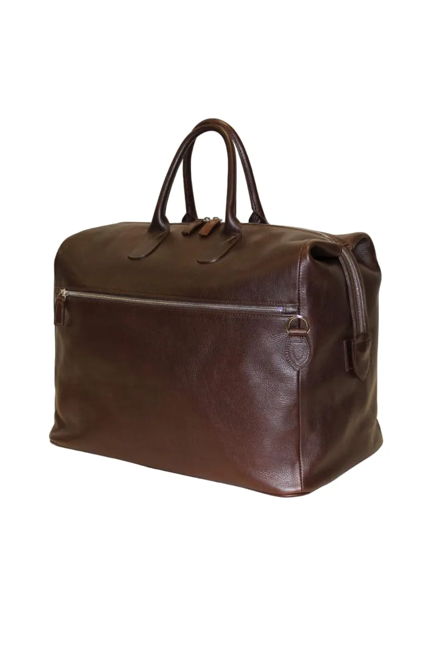 Shield Leather Duffle Bag | Handmade to Order in Italy, Soft Pebble-Grain Leather | Luxury Travel Duffel Bag Briefcase Full Grain Leather (Dark Brown)