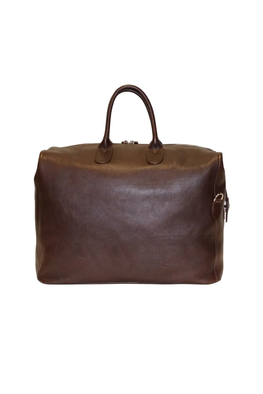 Shield Leather Duffle Bag | Handmade to Order in Italy, Soft Pebble-Grain Leather | Luxury Travel Duffel Bag Briefcase Full Grain Leather (Dark Brown)