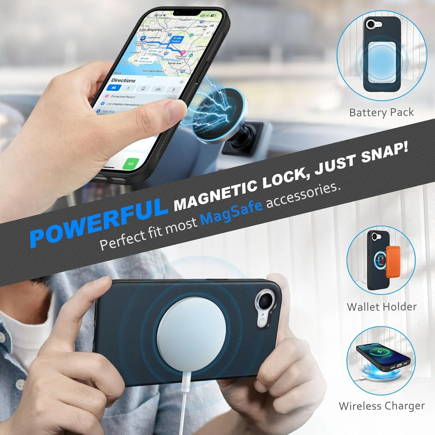 SHIELDON Case for iPhone 16e 2025, Genuine Leather Detachable 2 in 1 Wallet Wireless Charging Kickstand RFID Blocking Card Holder Magnetic Protective Case Compatible with iPhone 16e - Nappa Navy Blue