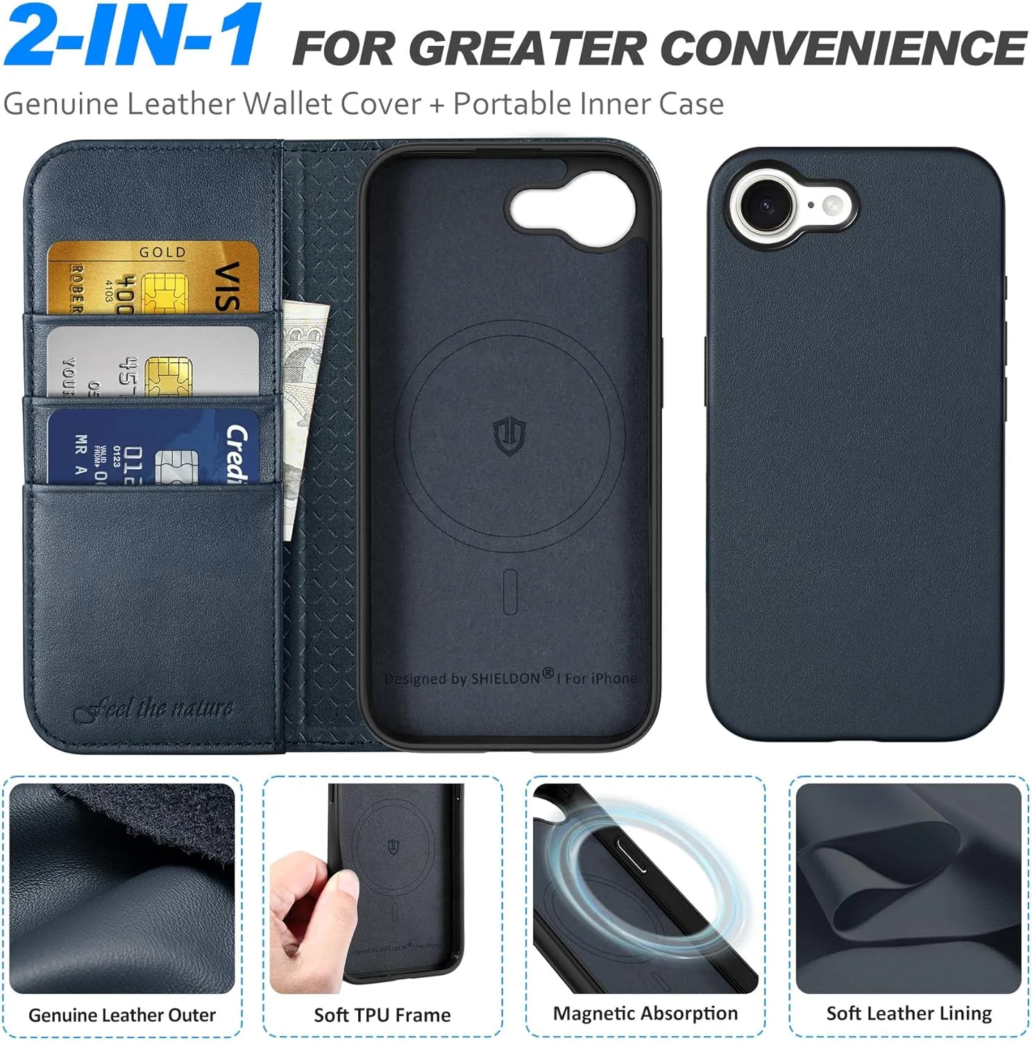 SHIELDON Case for iPhone 16e 2025, Genuine Leather Detachable 2 in 1 Wallet Wireless Charging Kickstand RFID Blocking Card Holder Magnetic Protective Case Compatible with iPhone 16e - Nappa Navy Blue