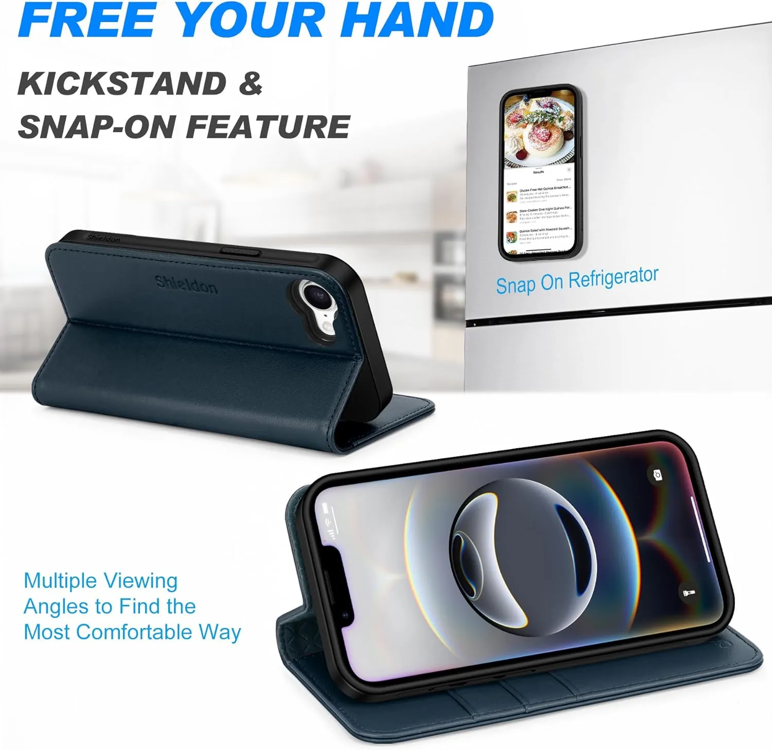 SHIELDON Case for iPhone 16e 2025, Genuine Leather Detachable 2 in 1 Wallet Wireless Charging Kickstand RFID Blocking Card Holder Magnetic Protective Case Compatible with iPhone 16e - Nappa Navy Blue