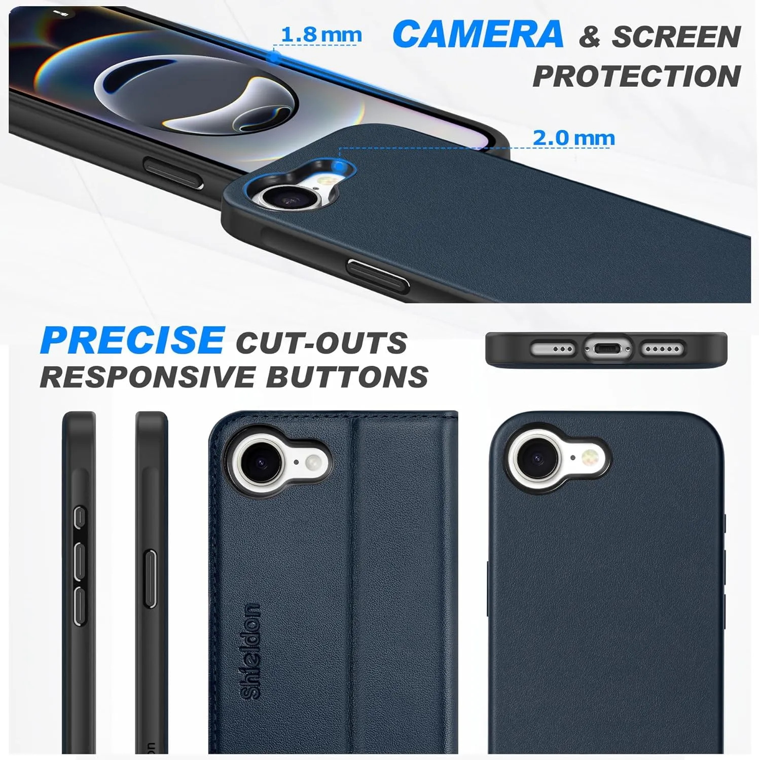 SHIELDON Case for iPhone 16e 2025, Genuine Leather Detachable 2 in 1 Wallet Wireless Charging Kickstand RFID Blocking Card Holder Magnetic Protective Case Compatible with iPhone 16e - Nappa Navy Blue