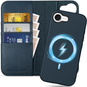 SHIELDON Case for iPhone 16e 2025, Genuine Leather Detachable 2 in 1 Wallet Wireless Charging Kickstand RFID Blocking Card Holder Magnetic Protective Case Compatible with iPhone 16e - Nappa Navy Blue
