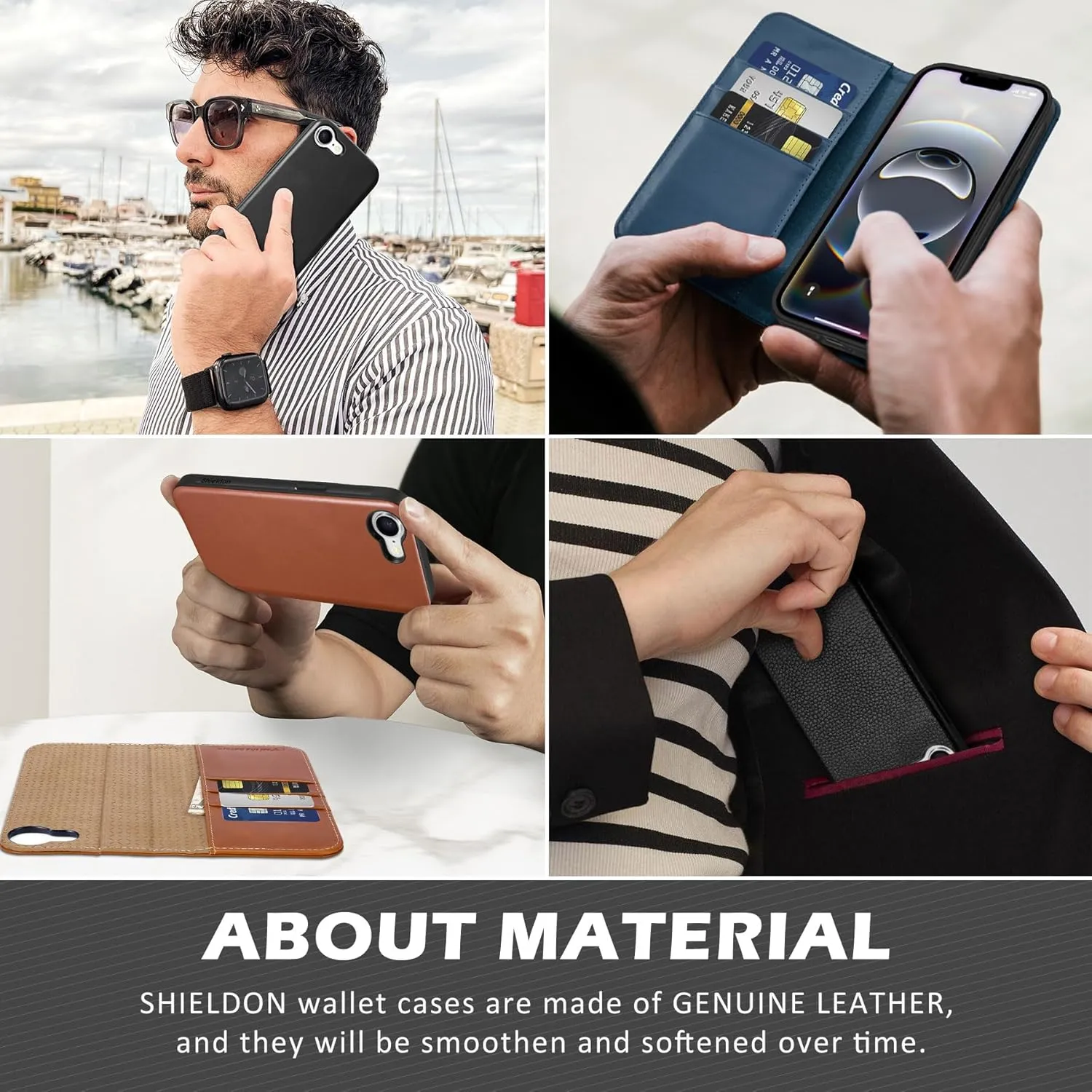 SHIELDON Case for iPhone 16e 2025, Genuine Leather Detachable 2 in 1 Wallet Wireless Charging Kickstand RFID Blocking Card Holder Magnetic Protective Case Compatible with iPhone 16e - Nappa Navy Blue
