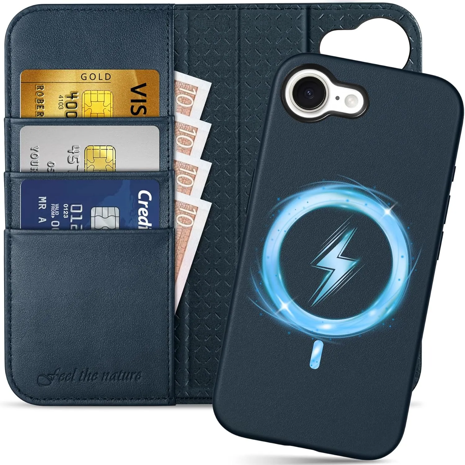 SHIELDON Case for iPhone 16e 2025, Genuine Leather Detachable 2 in 1 Wallet Wireless Charging Kickstand RFID Blocking Card Holder Magnetic Protective Case Compatible with iPhone 16e - Nappa Navy Blue