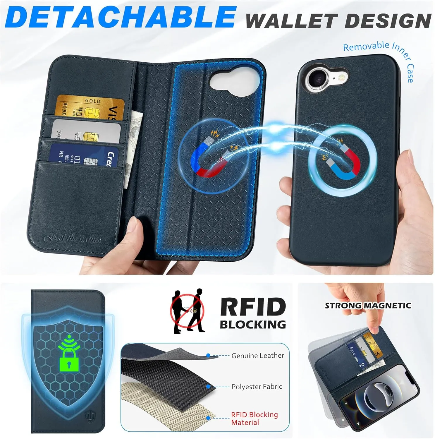 SHIELDON Case for iPhone 16e 2025, Genuine Leather Detachable 2 in 1 Wallet Wireless Charging Kickstand RFID Blocking Card Holder Magnetic Protective Case Compatible with iPhone 16e - Nappa Navy Blue